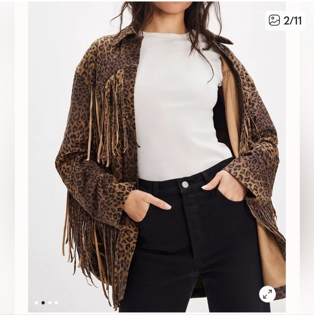 Free People Leopard Print Fringe Jacket SIZE SP NWOT